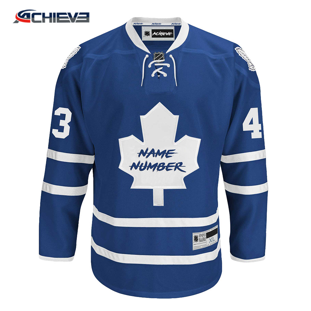 Customized blue hockey jerseys with lace
