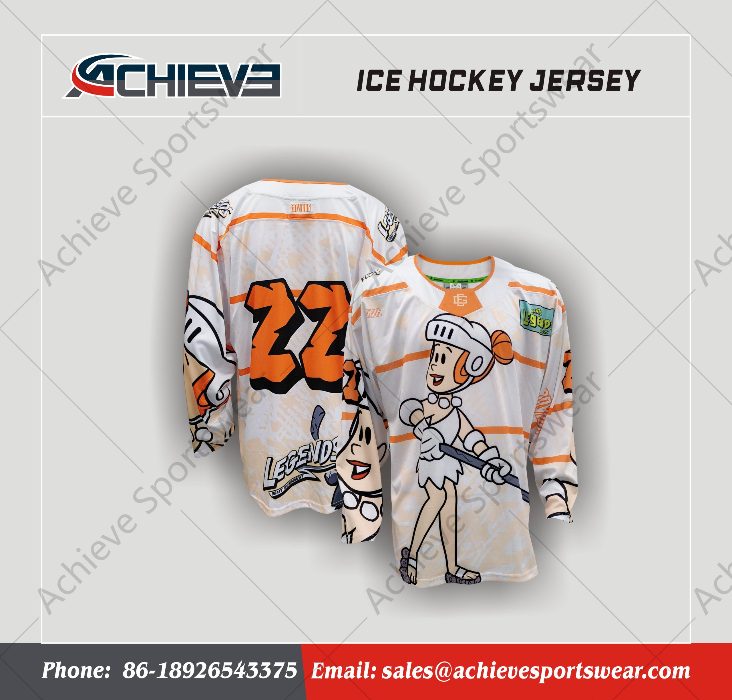 Custom Cartoon Ice Hockey Jersey Orange White Sublimated Team Hockey Shirt